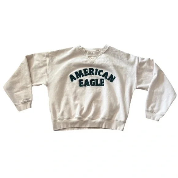 American Eagle Beige Crewneck Sweatshirt Fleece Pullover Logo Appliqué Size SM - Picture 2 of 4